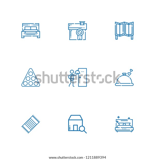Collection of 9 hotel\
outline icons include icons such as room service, house, bed, room\
divider, pool,\
dinner