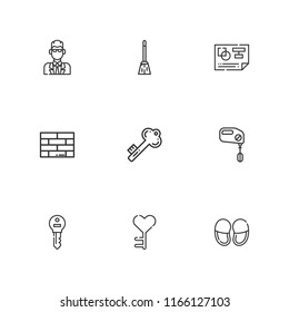 Collection of 9 house outline icons include icons such as broom, mixer, slippers, brick, agent, key