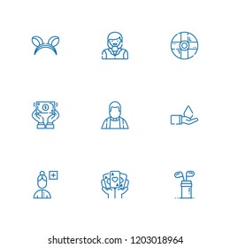 Collection of 9 human outline icons include icons such as hand, save water, golf, ears, help, add user, dollar, woman