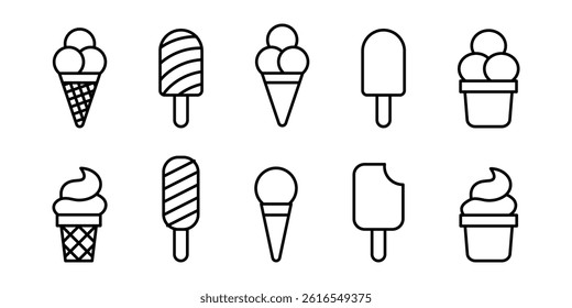 A collection of 9 ice cream icons, including cones, popsicles, and cups, designed in a simple black line art style. Vector illustration
