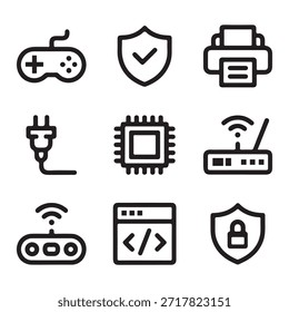 Una colección de 9 íconos que representan varios conceptos y dispositivos relacionados con la computadora y la red