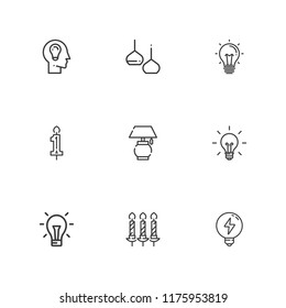 Collection of 9 illumination outline icons include icons such as idea, candle, candles, light bulb, light