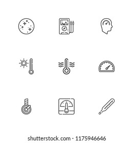 Collection of 9 indicator outline icons include icons such as voltmeter, speedometer, thermometer