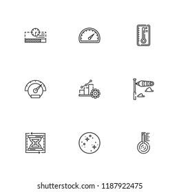 Collection of 9 indicator outline icons include icons such as speedometer, thermometer, mercury, progress bar, load time, temperature, progress