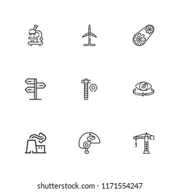 Collection of 9 industry outline icons include icons such as power plant, crane, engine, screw, microscope, panel, eolic energy, helmet