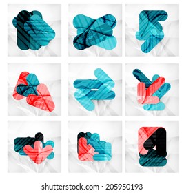 Colección de 9 diseños infográficos hechos de flechas y elementos de diseño geométrico. Plantillas de presentación de negocios, concepto de folleto
