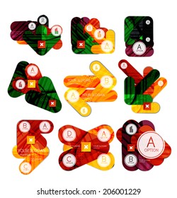 Collection of 9 infographic layouts made of arrows and geometric design elements. Business presentation templates, brochure concept