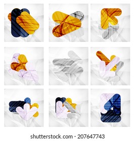 Collection of 9 infographic layouts made of arrows and geometric design elements. Business presentation templates, brochure concept