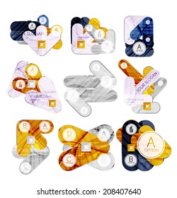 Collection of 9 infographic layouts made of arrows and geometric design elements. Business presentation templates, brochure concept