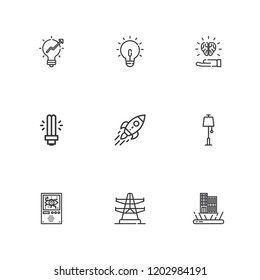 Collection of 9 innovation outline icons include icons such as light bulb, lamp, startup, idea, augmented reality, electric tower