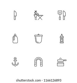 Collection of 9 iron outline icons include icons such as ironing service, bleach, detergent, magnet, crucible, pan, knife