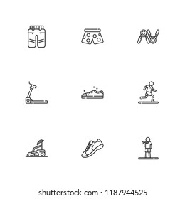 Collection of 9 jogging outline icons include icons such as pants, sneakers, exercise, running