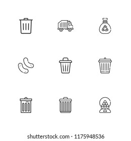 Collection of 9 junk outline icons include icons such as trash can, trash, snack, garbage, recycling truck