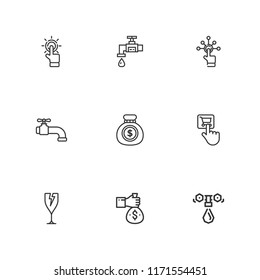 Collection of 9 keep outline icons include icons such as money bag, tap, water tap, fragile