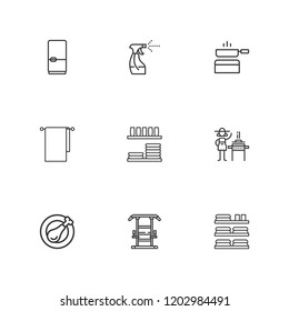 Collection of 9 kitchen outline icons include icons such as fridge, pan, burner, chicken leg, tools and utensils, gym station, dinnerware