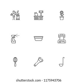 Collection of 9 kitchenware outline icons include icons such as bowl, whisk, ladle, waffle iron, bottle opener, stove, pot