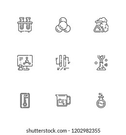 Collection of 9 laboratory outline icons include icons such as test tube, chemistry, molecule, flask, beaker, ph