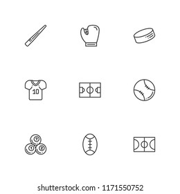 Collection of 9 league outline icons include icons such as baseball, baseball glove, basketball court, billiard, cue, football field, football jersey, puck