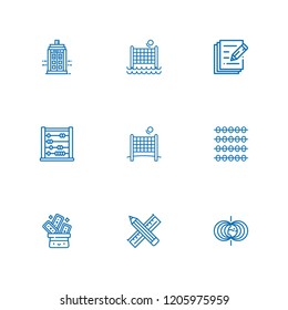 Collection of 9 learn outline icons include icons such as abacus, magnetic field, pencil, trick, police box, write