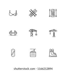 Collection of 9 lift outline icons include icons such as crane, ski, skiing, snowboard, weightlifting, aerial tramway