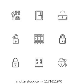 Collection of 9 locker outline icons include icons such as padlock, lock, lockers, dressing room, closet, unlocked