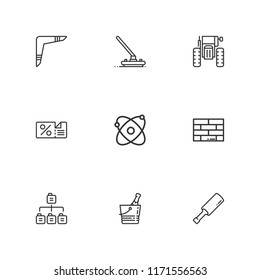 Collection of 9 logo outline icons include icons such as discount, boomerang, atomic, champagne, brick, sitemap, cricket, curling