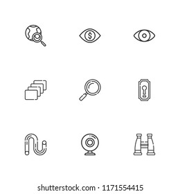 Collection of 9 look outline icons include icons such as tube, loupe, webcam, eye, keyhole, vision, binoculars, search