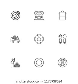 Collection of 9 lunch outline icons include icons such as dinner, healthy food, cooking pots, plate, bar, ice cream truck, cutlery, bbq