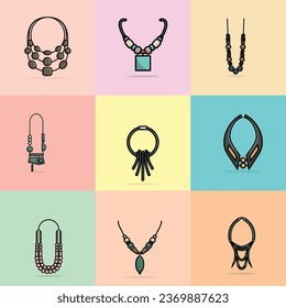 Collection of 9 Luxury Modern Women Events Neck Necklaces vector illustration. Beauty fashion objects icon concept. Set of girls fashion necklaces vector design.