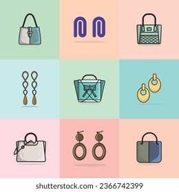 Collection of 9 Luxury Women Events Handbags and Lady Earrings with Gemstone vector illustration. Beauty fashion objects icon concept. Set of girls fashion accessories vector design.