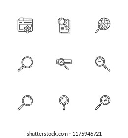 Collection of 9 magnifier outline icons include icons such as search, loupe, optimization, zoom out, search engine