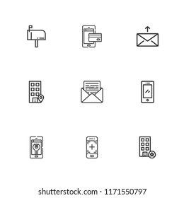Collection of 9 mail outline icons include icons such as email, smartphone, mail, mailbox