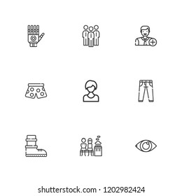 Collection of 9 male outline icons include icons such as user, pants, group, men only, jeans, add user, boots, eye