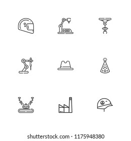 Collection of 9 manufacture outline icons include icons such as helmet, hat, factory