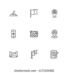 Collection of 9 map outline icons include icons such as pin, flag, form, map, navigation