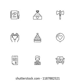 Collection of 9 marriage outline icons include icons such as heart, engagement ring, guests book, love, groom, labrys, wedding contract, wedding car