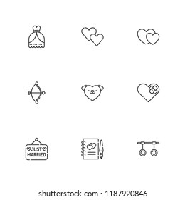 Collection of 9 marriage outline icons include icons such as heart, guests book, love, rings, cupid, wedding dress, hearts