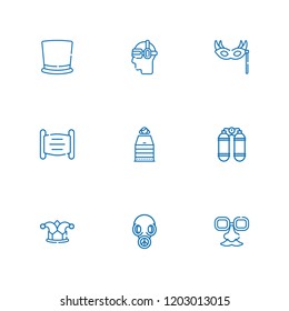 Collection of 9 mask outline icons include icons such as mask, oxygen, ar glasses, top hat, joker