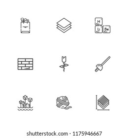 Collection of 9 material outline icons include icons such as tulip, brick, foil, periodic table, layers, tote bag, yarn ball, tulips