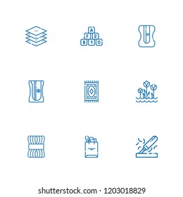 Collection of 9 material outline icons include icons such as sharpener, layers, tote bag, tulips, carpet, bricks, wood