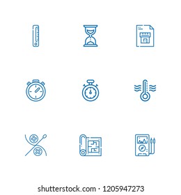 Collection of 9 measure outline icons include icons such as voltmeter, stopwatch, chronometer, hourglass, thermometer, blueprint, ruler