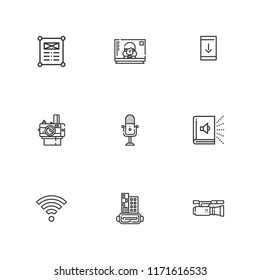 Collection of 9 media outline icons include icons such as web design, video camera, microphone, downloading from smartphone, augmented reality, television, wifi, audiobook