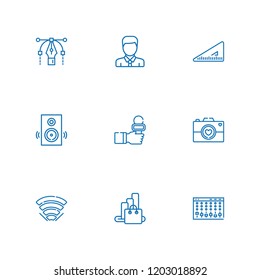 Collection of 9 media outline icons include icons such as speakers, avatar, rating, set square, studio mixer, , news reporter, wifi