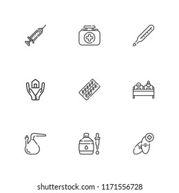 Collection of 9 medical outline icons include icons such as double bed, first aid kit, flask, dropper, medicine, syringe, insurance