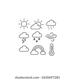 A collection of 9 minimal black and white line art weather icons, including sun, clouds, rain, snow, lightning, and more. Perfect for apps, UI, infographics, or educational use.