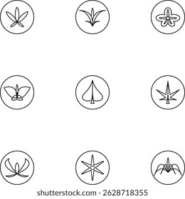 Collection of 9 minimalist plant and leaf icons in circular frames. Line art style perfect for eco, botanical, organic, and nature-themed designs or logos.