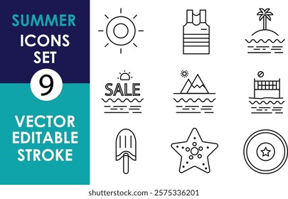 
A collection of 9 minimalist summer-themed icons featuring a sun, tank top, palm tree, "SALE" text, mountains, beach volleyball net, popsicle, starfish, and lifebuoy. Clean vector style