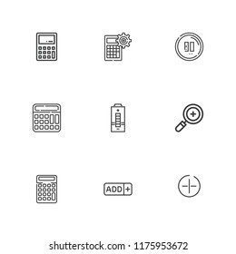 Collection of 9 minus outline icons include icons such as add button, calculator, zoom in, pause button