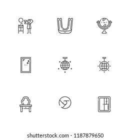 Collection of 9 mirror outline icons include icons such as hair dryer, mirror, disco ball, gum shield, chrome logo, mirror ball, closet