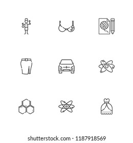 Collection of 9 model outline icons include icons such as staff, station wagon, bra, atom, molecule, skirt, atomic, fashion